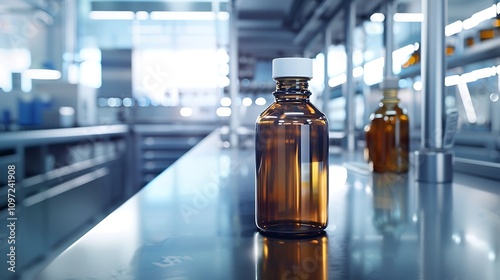 Plastic water bottles placed in a scientific laboratory environment, symbolizing research, hydration, or environmental themes like sustainability. 