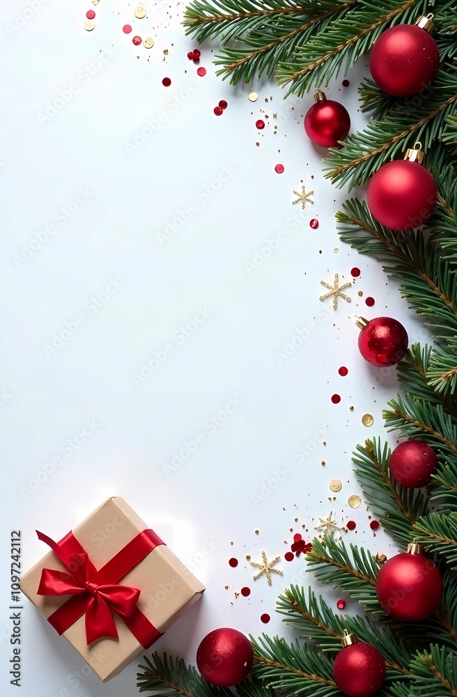Frame of Christmas tree branches, gift boxes and red ornaments on white background. Christmas and New Year. Flat layer, top view Frame of Christmas tree branches, gift boxes and red ornaments on white background. Christmas and New Year. Flat layer, top view