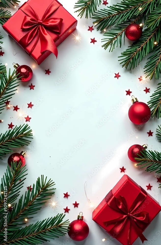 Frame of Christmas tree branches, gift boxes and red ornaments on white background. Christmas and New Year. Flat layer, top view Frame of Christmas tree branches, gift boxes and red ornaments on white background. Christmas and New Year. Flat layer, top view