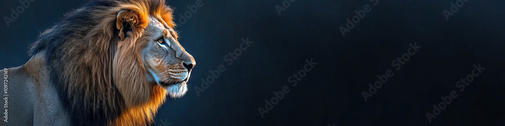 Naklejka premium A lion stands proudly with its mane blowing in the wind.