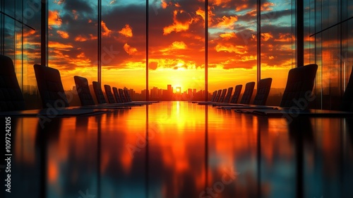 Breathtaking Sunset Over City Skyline Viewed from Modern Conference Room with Reflections on Glass Table and Dramatic Sky Colors