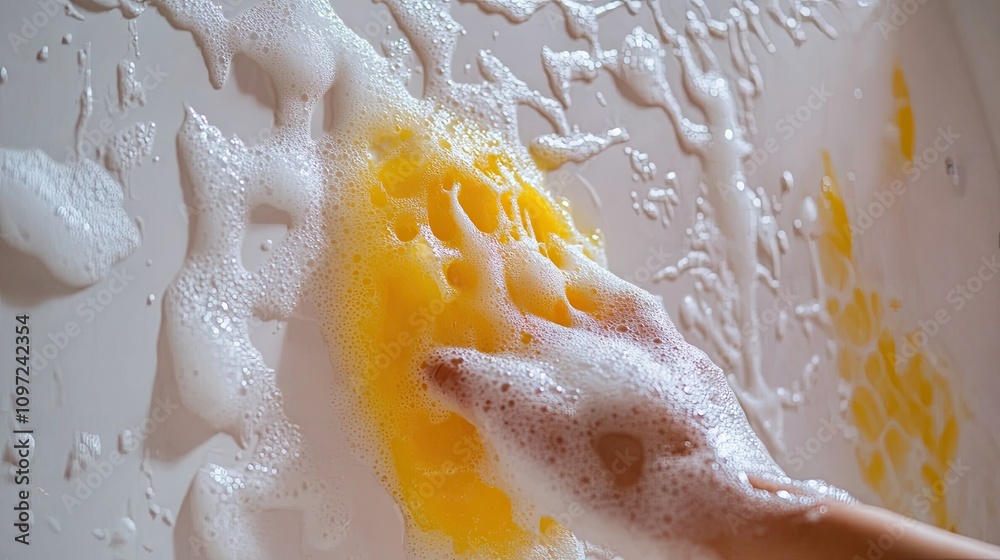 Cleaning a White Bathtub with Bubbles and a Yellow Sponge Cleaning a White Bathtub with Bubbles and a Yellow Sponge