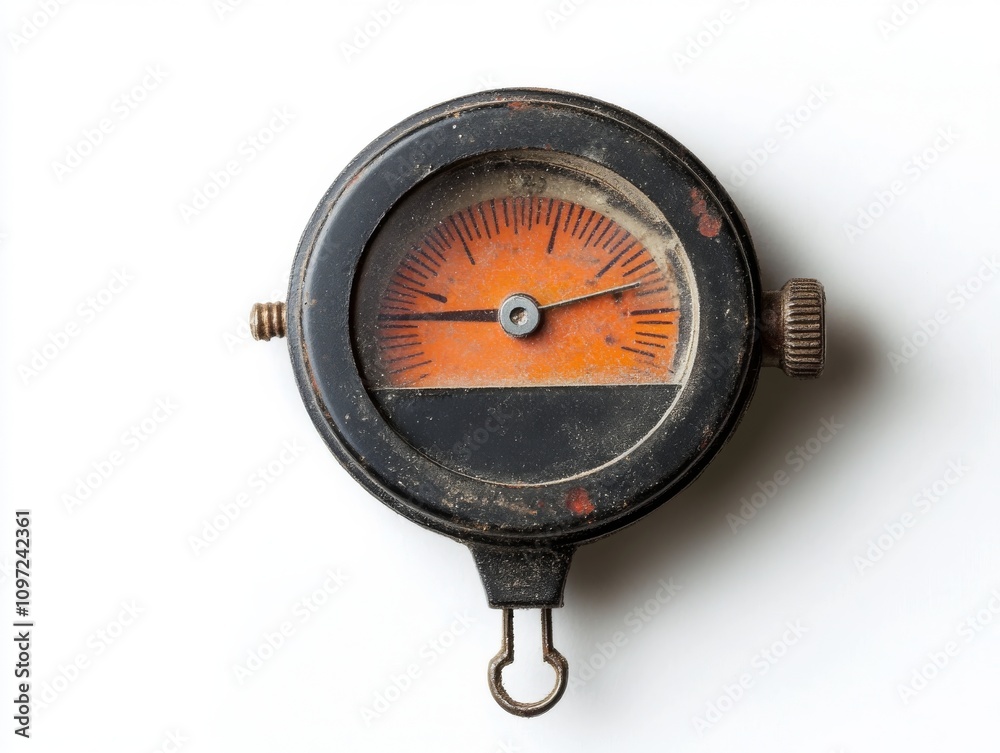 Old voltmeter with worn dial and orange markings, isolated on white Old voltmeter with worn dial and orange markings, isolated on white