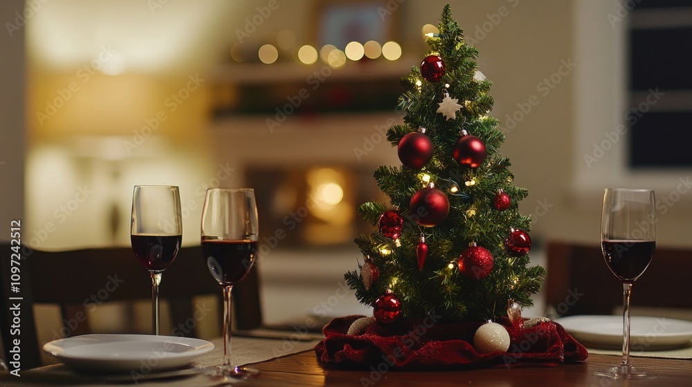 Festive Table Setting with Mini Christmas Tree and Wine Glasses Festive Table Setting with Mini Christmas Tree and Wine Glasses