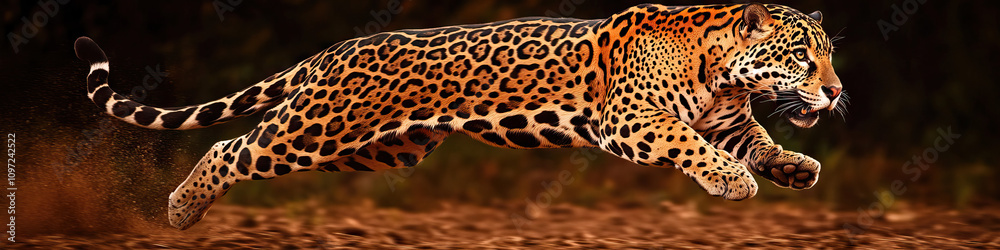 Naklejka premium An athletic jaguar leaps through the air with remarkable speed and strength.