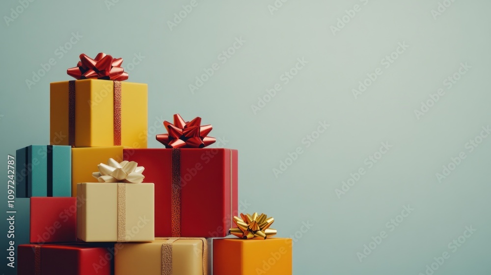 Obraz premium Colorful gift boxes stacked against a pale background