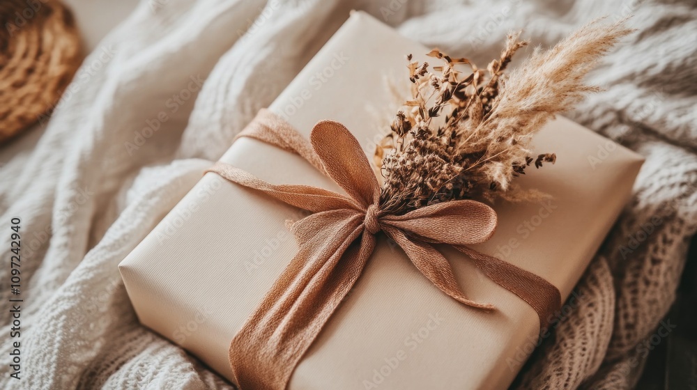 A beige gift box adorned with dried flowers and ribbon A beige gift box adorned with dried flowers and ribbon