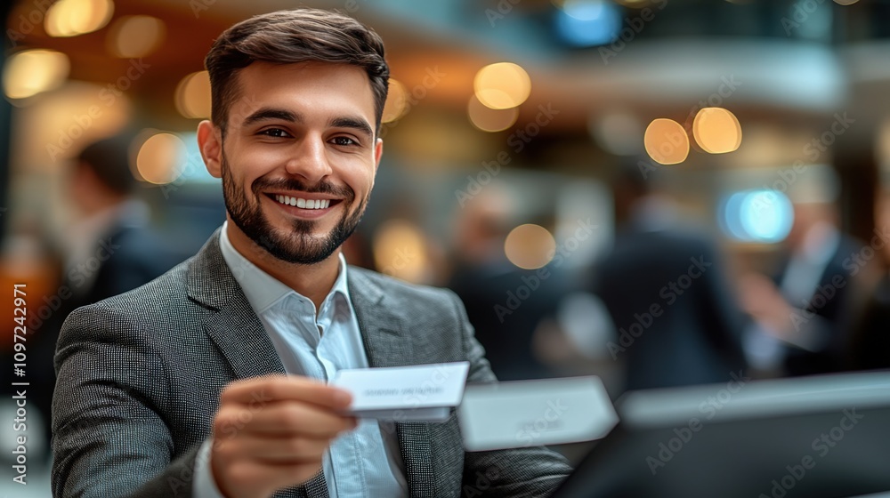 Fototapeta premium Professional Man Holding Business Card in Modern Office Space with Soft Focus Background and Welcoming Smile Capturing Networking and Business Opportunities