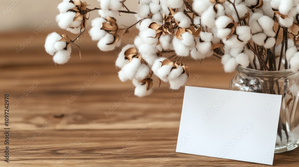 A simple arrangement of cotton flowers in a jar with a blank card on a wooden table.
