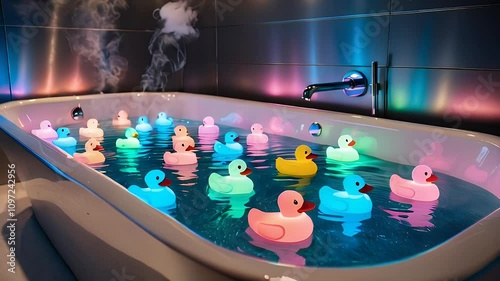 Colorful rubber ducks float in a glowing bathtub with steam and vibrant lights