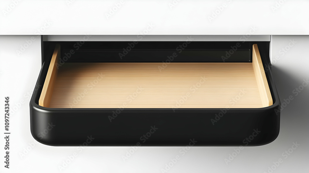Close-up of an empty, modern, black drawer with a light wood interior, slightly pulled out from a white cabinet. Close-up of an empty, modern, black drawer with a light wood interior, slightly pulled out from a white cabinet.