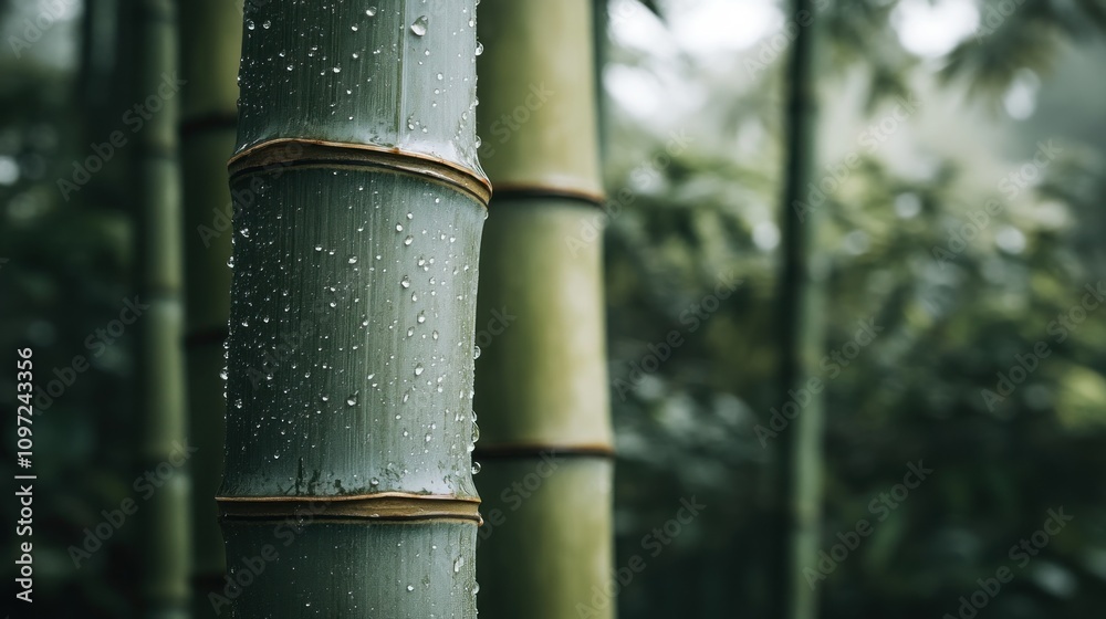 Close-up of bamboo stalks with raindrops, creating a serene natural atmosphere. Close-up of bamboo stalks with raindrops, creating a serene natural atmosphere.