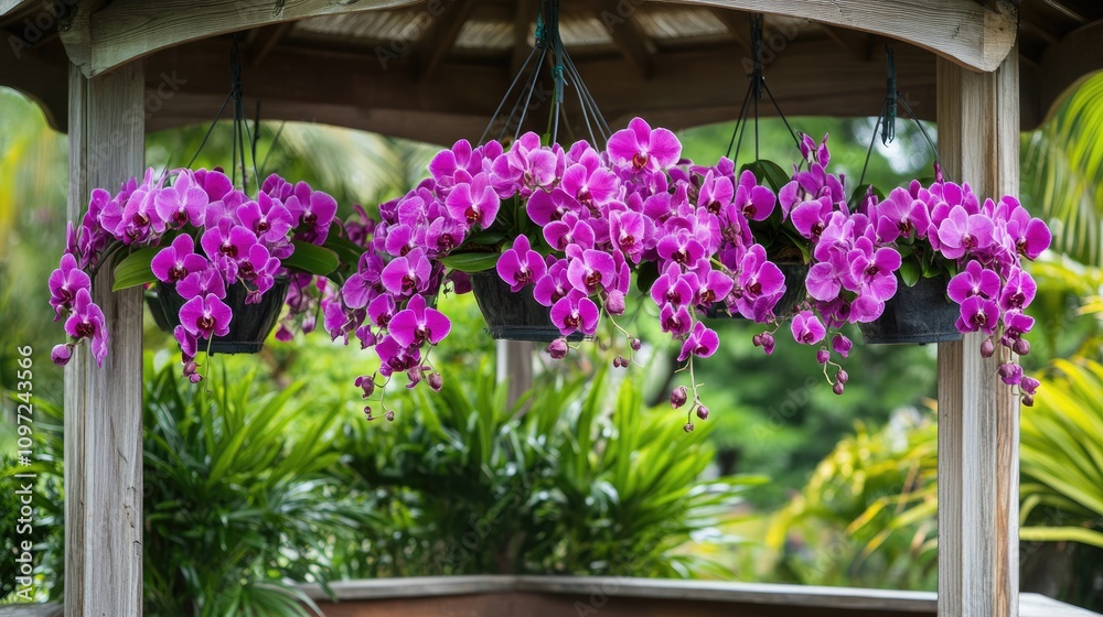 Obraz premium Vibrant Purple Orchids Hanging in a Garden Pavilion Space
