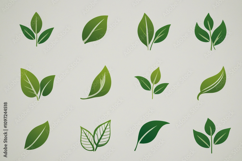 Minimalist green leaf icons grid vector on white background Minimalist green leaf icons grid vector on white background