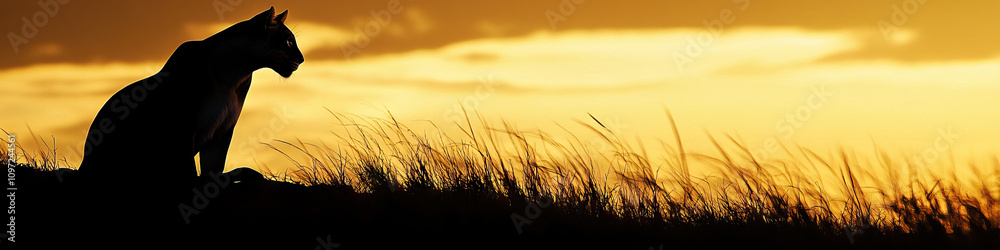 The majestic silhouette of a big cat at dusk, against the backdrop of a golden sky. The majestic silhouette of a big cat at dusk, against the backdrop of a golden sky.