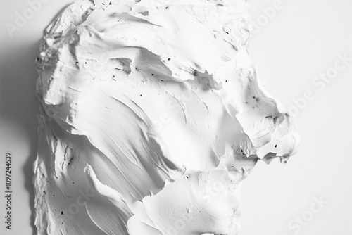 Abstract white sculpture resembling a lion's head, created with textured plaster on a clean white background. Artistic and minimalist concept. photo