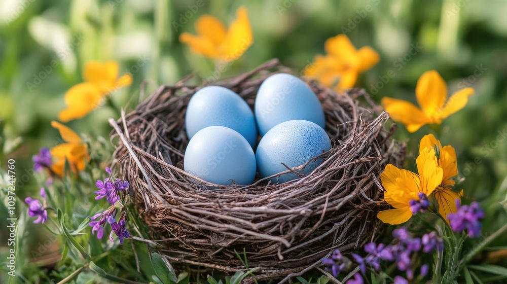 Beautiful Bluebird Nest with Eggs Surrounded by Colorful Flowers Beautiful Bluebird Nest with Eggs Surrounded by Colorful Flowers