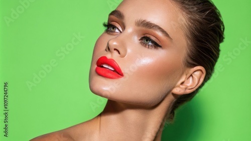 A woman with vivid coral lipstick captivates the viewer her accentuated by a luminous gloss that sparkles under the bright lights. The neon green background enhances the boldness