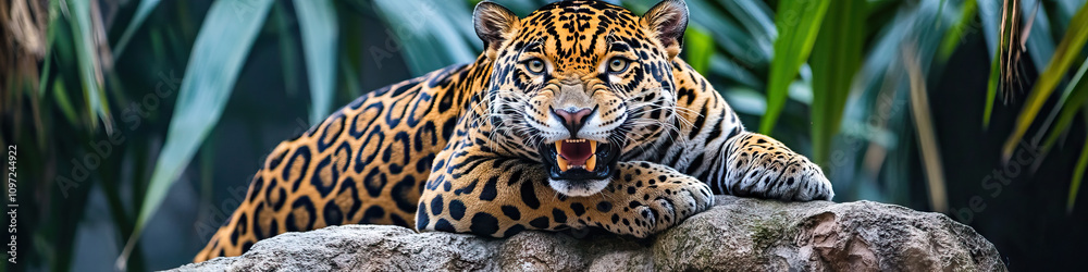 Powerful Jaguar: A jaguar, teeth bared, perched atop a rock Powerful Jaguar: A jaguar, teeth bared, perched atop a rock