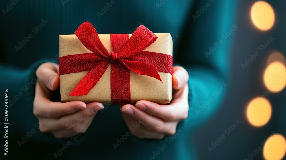 Celebrate the season with a closeup of hands tying a festive ribbon on a perfectly wrapped gift, holiday spirit shines through Celebrate the season with a closeup of hands tying a festive ribbon on a perfectly wrapped gift, holiday spirit shines through