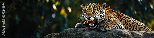 Powerful Jaguar: A jaguar, teeth bared, perched atop a rock photo