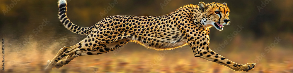 Naklejka premium Spotted Cheetah: A cheetah, running at full speed, with its distinctive spots visible