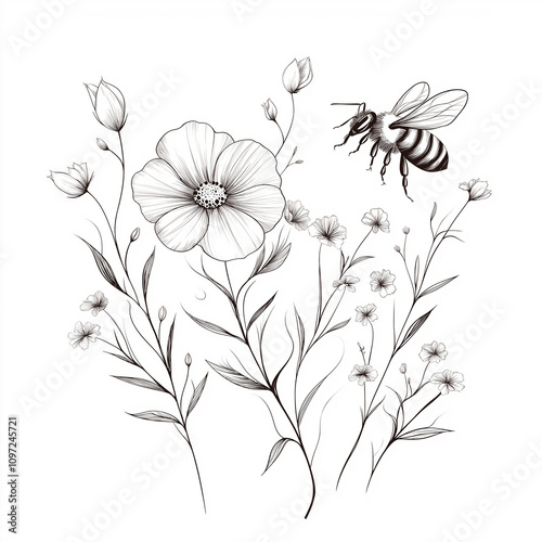 Bee flying over blooming wildflowers in black and white line art