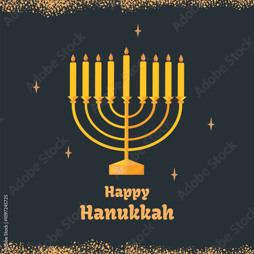 Happy Hanukkah Jewish holiday badge, poster, banner, invitation, card. Golden design on dark background.