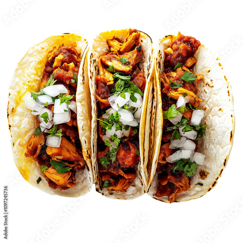 Three delicious chicken tacos with cilantro and onions on transparent background