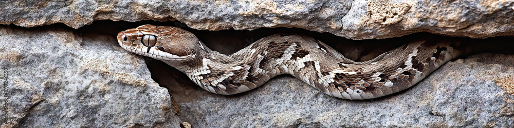 Fototapeta premium A snake's design etched onto a smooth stone or bark, revealing its innate creativity.