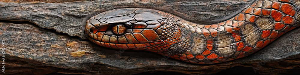 A snake's design etched onto a smooth stone or bark, revealing its innate creativity. A snake's design etched onto a smooth stone or bark, revealing its innate creativity.