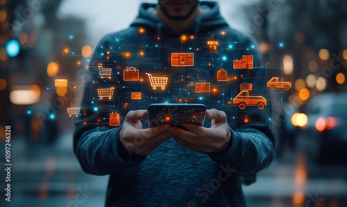  Smart retail technology and omnichannel concept. A person touching retail marketing icon on the virtual screen for channel E-commerce shopping. online retail shopping and omni-digital app design 

