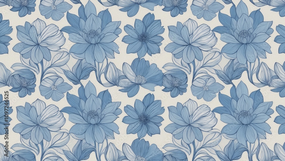 Obraz premium Intricate monochromatic blue floral pattern with detailed overlapping petals in a seamless design