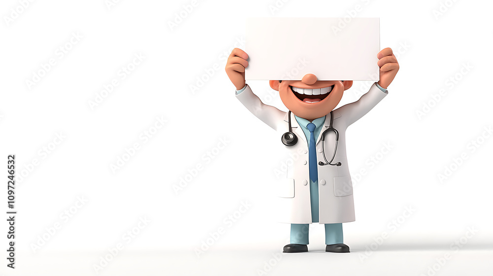 cheerful cartoon doctor holding blank sign, ready to share important information. This illustration captures friendly and approachable medical professional cheerful cartoon doctor holding blank sign, ready to share important information. This illustration captures friendly and approachable medical professional
