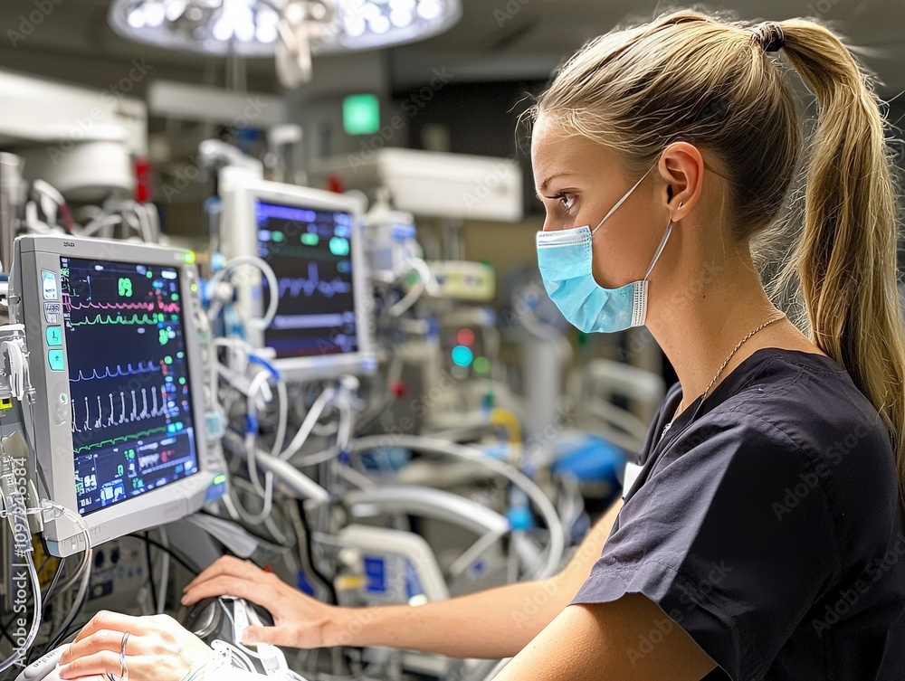 A nurse anesthetist monitoring a patient's vitals during surgery, standing next to advanced medical equipment in an operating room A nurse anesthetist monitoring a patient's vitals during surgery, standing next to advanced medical equipment in an operating room