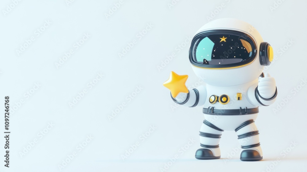 A 3D cartoon astronaut in a white spacesuit with a yellow star in his hand. The helmet reflects a starry night sky. He is standing against a white background with copy space on the left. A 3D cartoon astronaut in a white spacesuit with a yellow star in his hand. The helmet reflects a starry night sky. He is standing against a white background with copy space on the left.