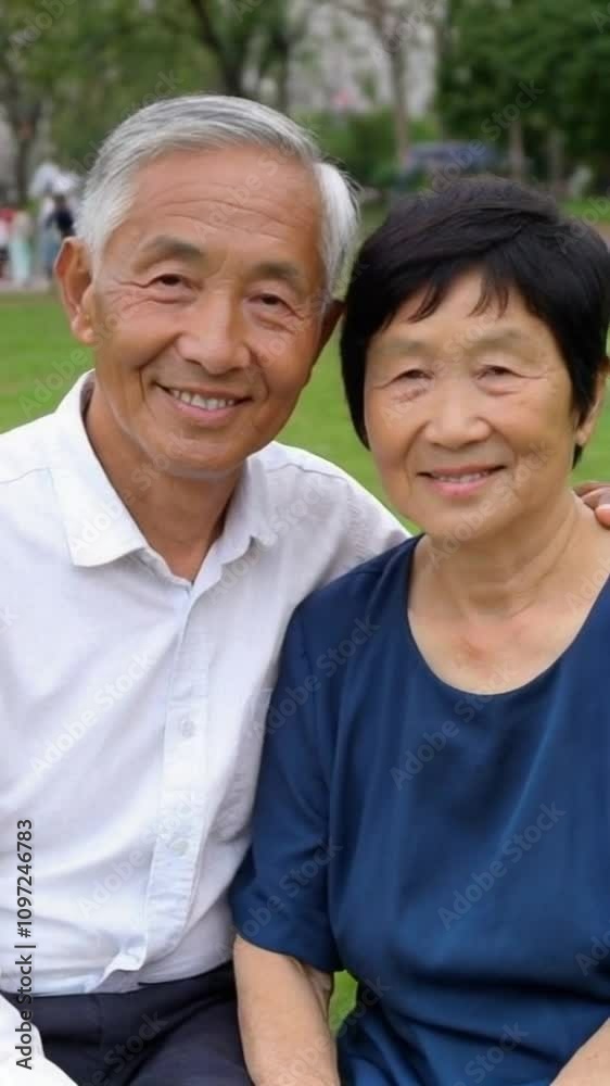 Elderly couple smiling warmly while sitting outdoors in a park. Elderly couple smiling warmly while sitting outdoors in a park.