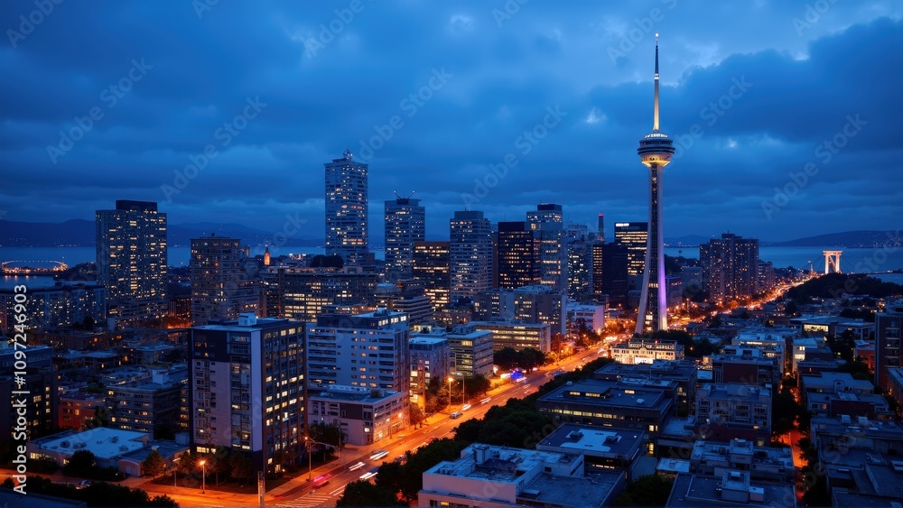 Obraz premium Generative AI, Dynamic Urban Skyline at Dusk