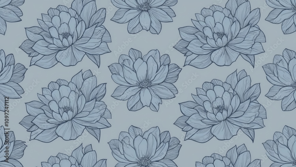 Seamless monochromatic blue floral pattern with intricate overlapping petals