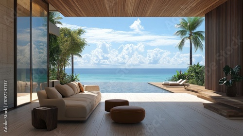 A luxurious beachfront home's interior featuring a sofa, armchair, stool, and side table