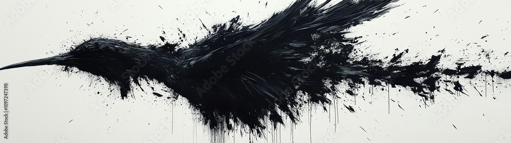 A striking black bird formed from splashes of paint against a crisp white background A striking black bird formed from splashes of paint against a crisp white background
