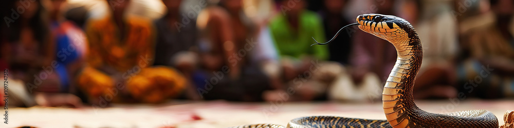Snake Charmer's Dance: A traditional snake charmer playing a pipe, hypnotizing a cobra in front of an audience. Snake Charmer's Dance: A traditional snake charmer playing a pipe, hypnotizing a cobra in front of an audience.
