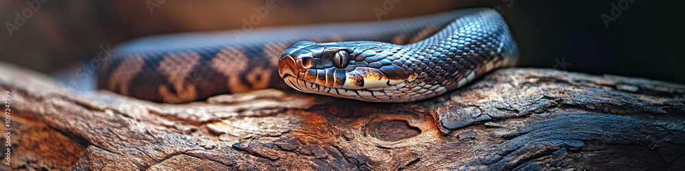Sleek Serpent: A close-up of a snake, elegantly curled around a wooden log.