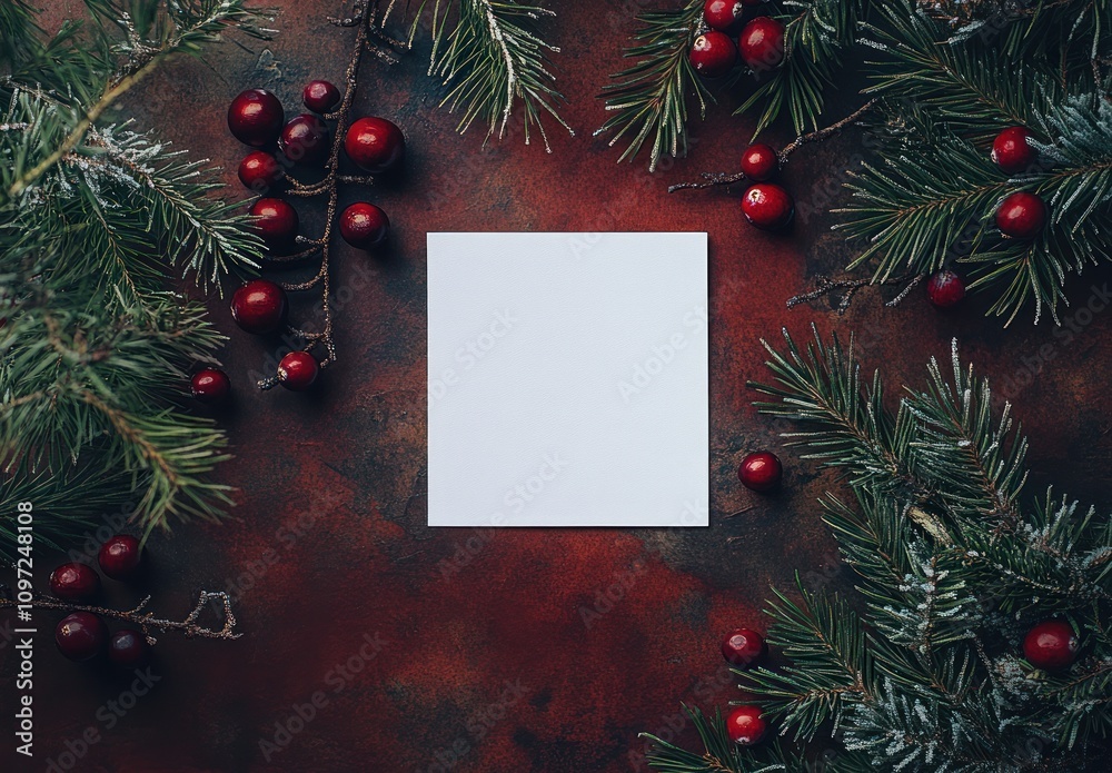 A blank note surrounded by festive greenery and red berries on a textured background. A blank note surrounded by festive greenery and red berries on a textured background.