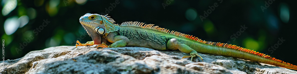 A green iguana sunbathing on a rock, with its tail curved around a branch.