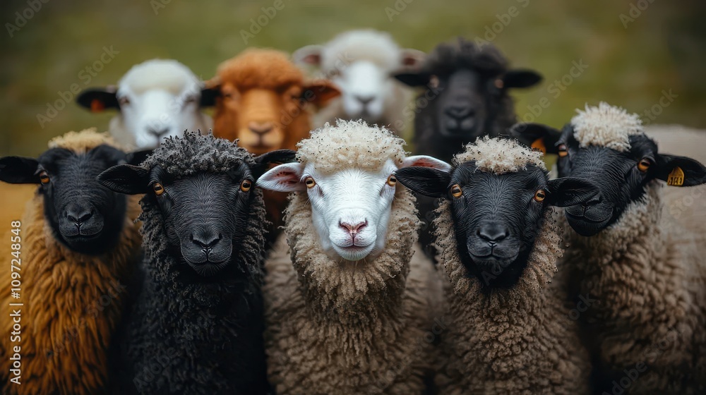 Fototapeta premium Diverse flock of sheep gathered in a rural pasture during daylight hours