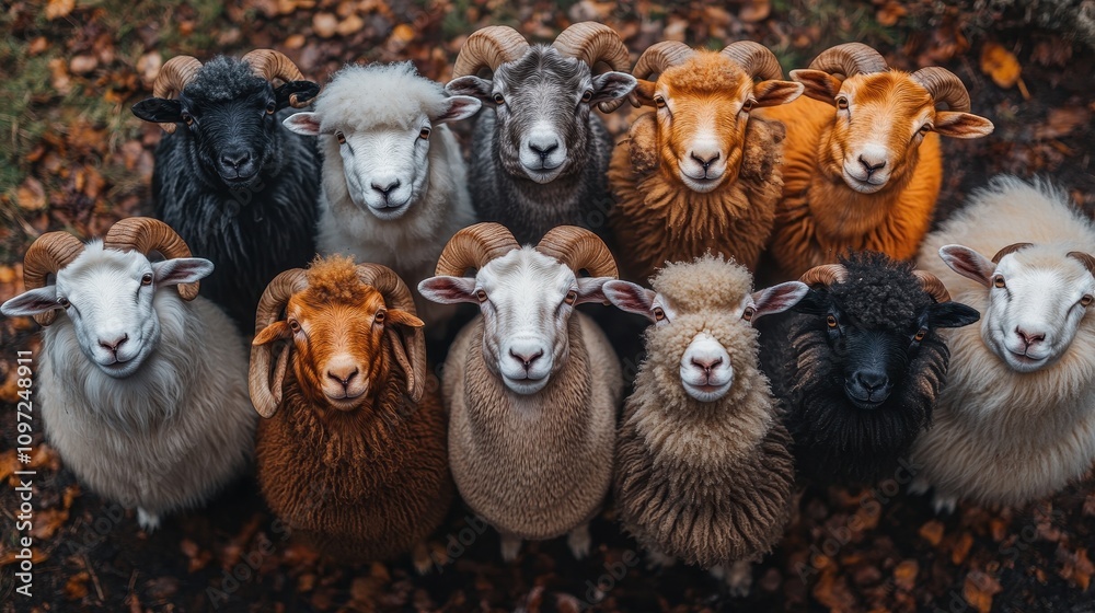 Diverse group of sheep gathered together in a natural outdoor setting surrounded by autumn leaves