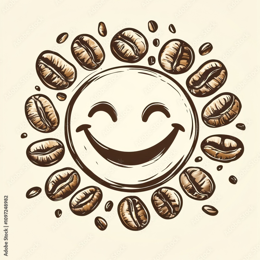 A cheerful sun-like face surrounded by coffee beans, symbolizing joy and coffee culture. A cheerful sun-like face surrounded by coffee beans, symbolizing joy and coffee culture.
