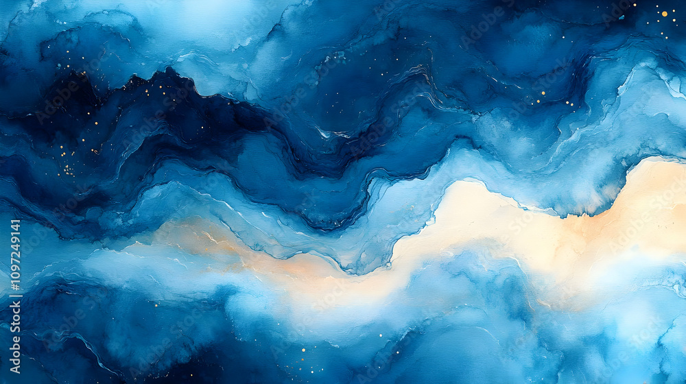 Abstract Blue Ocean Ink Wash Painting