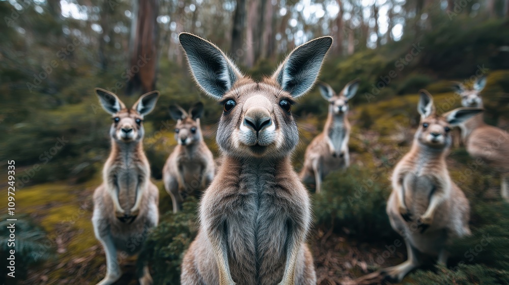 Group of kangaroos gathered in a forest clearing during daylight hours in Australia Group of kangaroos gathered in a forest clearing during daylight hours in Australia